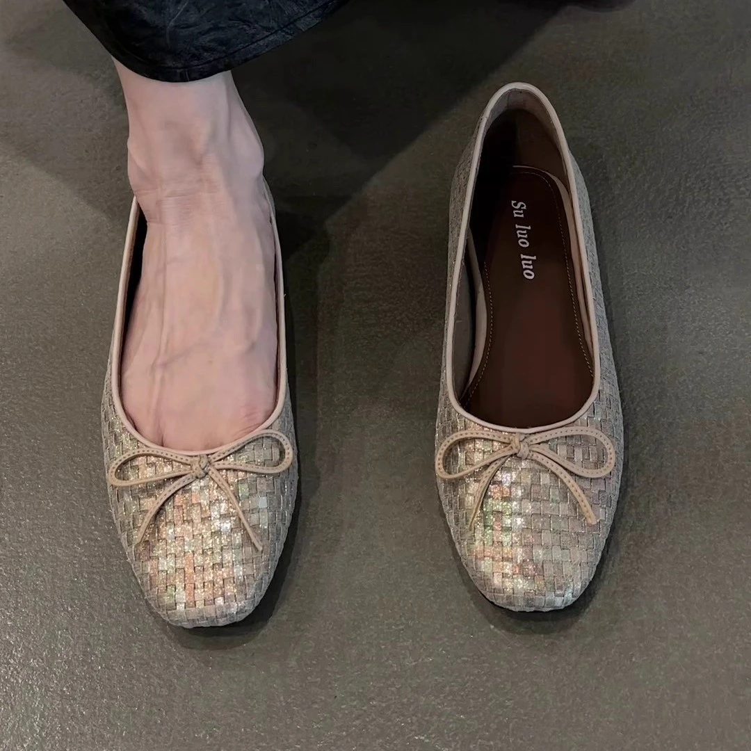 羊皮版~2025年新款法式蝴蝶结气质软底单鞋女方头百搭浅口平底鞋