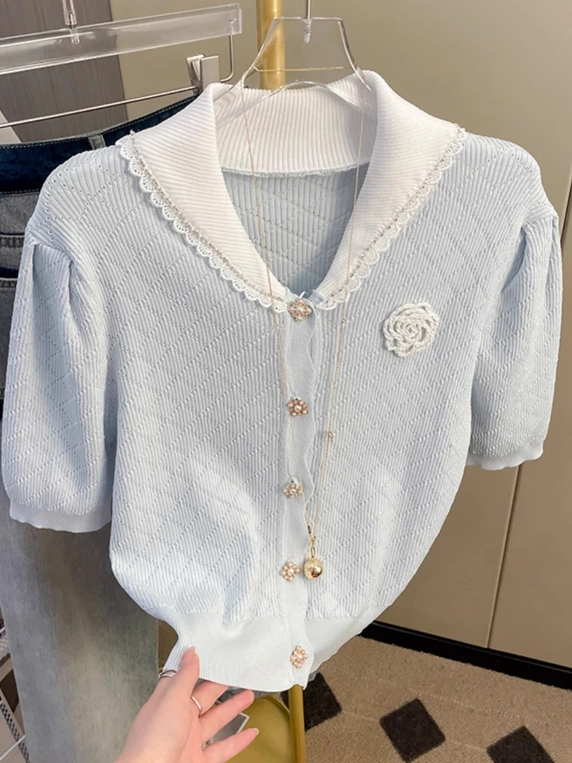 夏季小香风山茶花翻领针织衫短袖T恤宽松开衫气质百搭显瘦上衣女