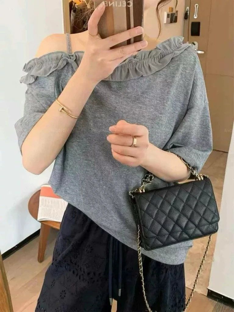 #5077拼接木耳边短袖不褪色常规款T恤露肩休闲纯色显