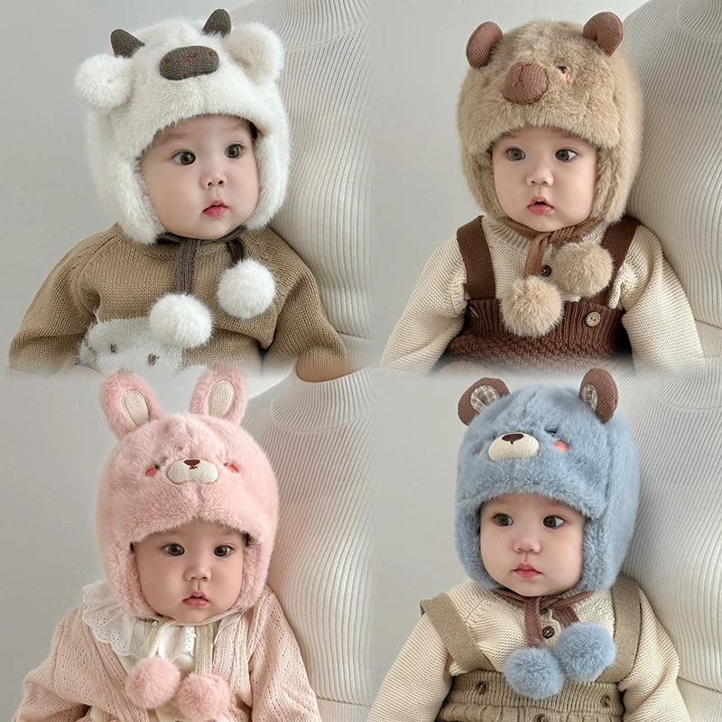 秋冬婴儿保暖帽可爱超萌婴幼儿加厚毛绒帽男童女宝宝外出护耳帽潮