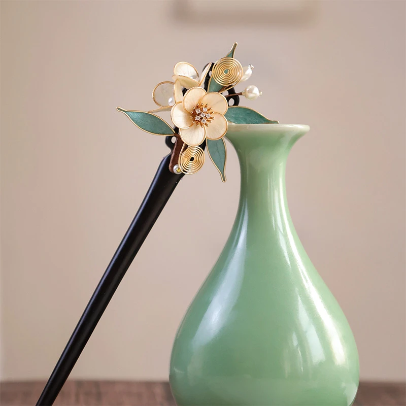 【浮生】古风非遗桑蚕丝绒花黑檀木发簪浪花朵朵