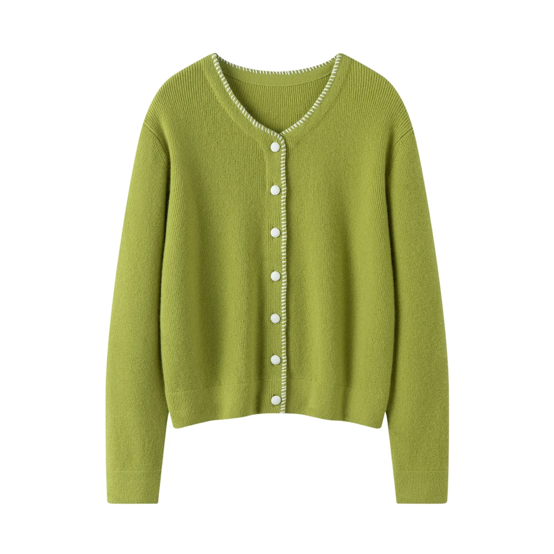 纯羊绒女手工嵌花边扣羊绒衫开衫