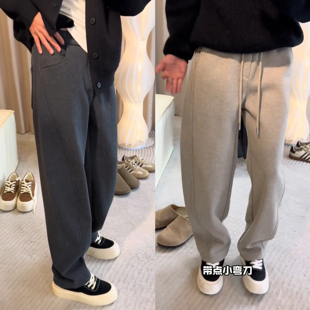 冬季新款男士加绒加厚弯刀休闲裤新疆彩棉保暖纯色百搭直筒卫裤