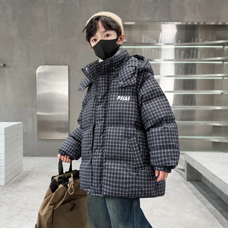 男童格子棉服2025冬季新款中大童韩版百搭连帽加厚保暖棉衣外套