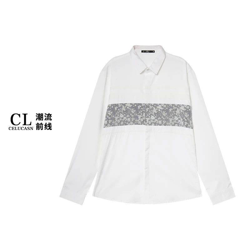 P6BB3169#男士长袖常规纯色日系方领印花衬衫上衣宽松撞色