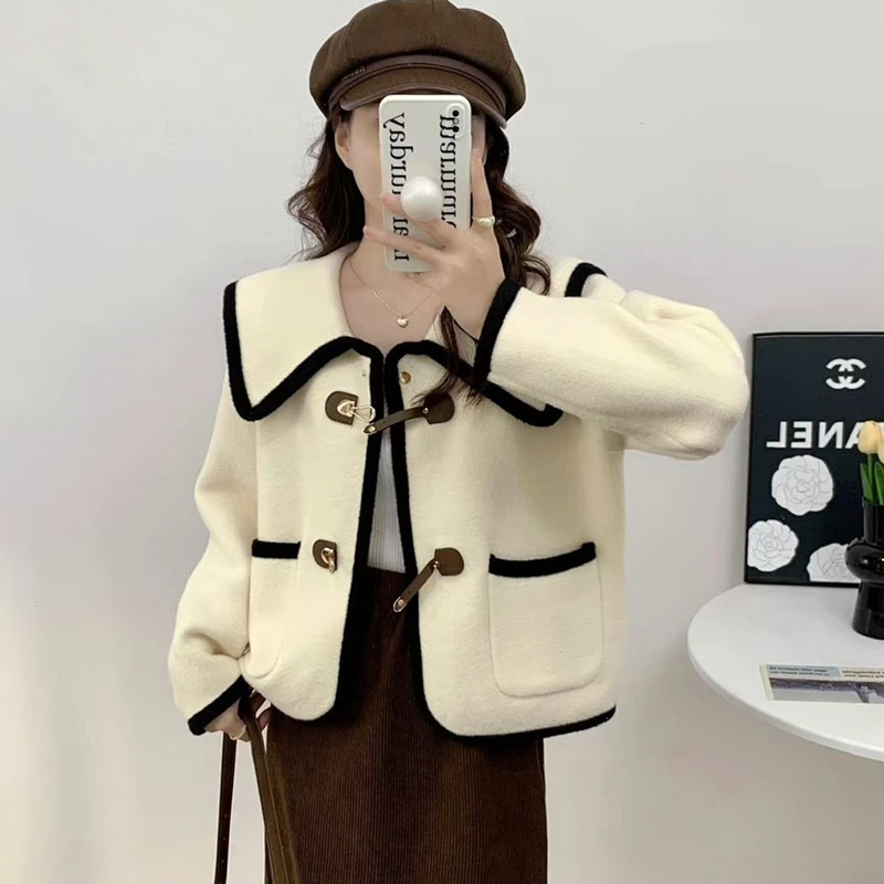 新款春装双面绒小香风短款外套复古设计感娃娃领宽松显瘦拼色上衣