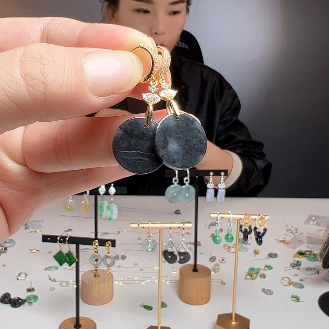 翡翠银S925镶嵌耳饰天然翡翠