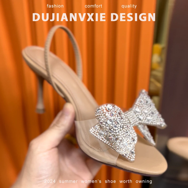2025年夏新款圆头玻璃胶水钻蝴蝶结细跟高跟鞋时尚气质百搭凉鞋女