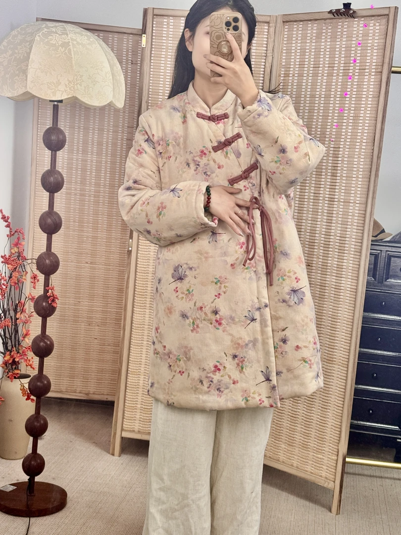 楠溪纪【A6026】手工盘扣国风冬款保暖长款加厚棉服（棉花）