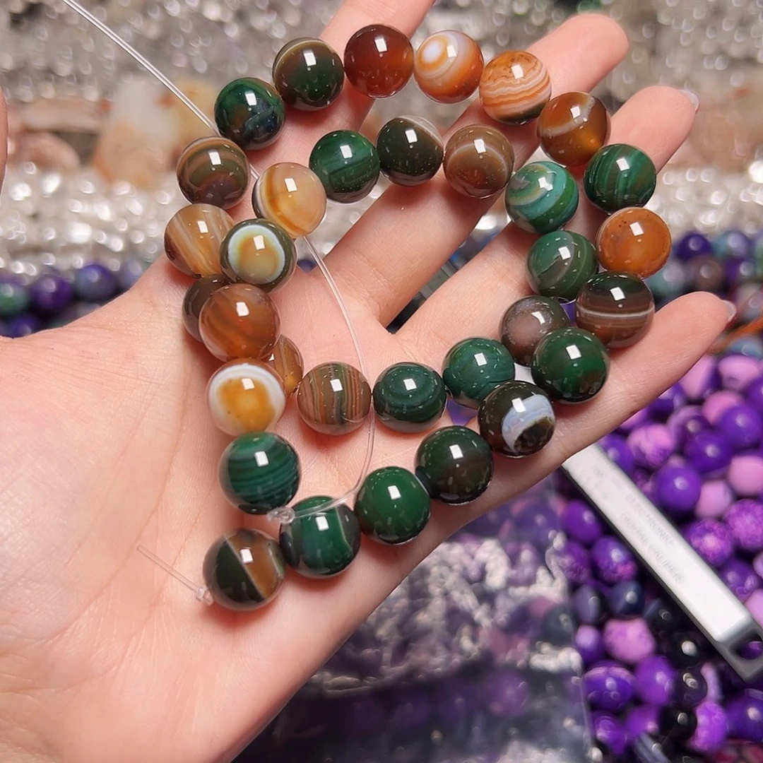 玛瑙/玉髓合金珠宝半成品M690绿棕玛瑙圆珠12mm
