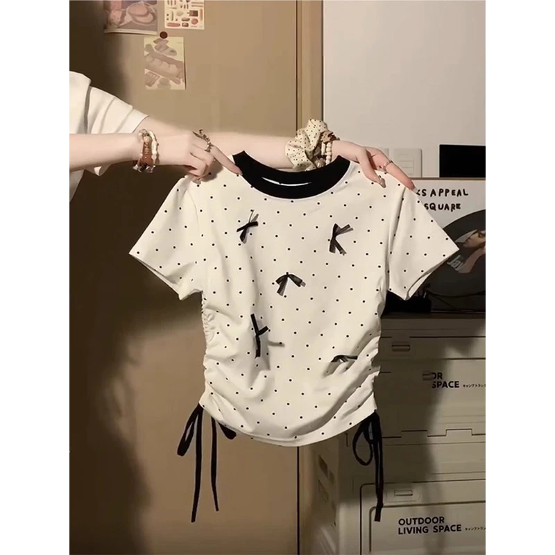 克支短袖修身夏季波点蝴蝶结恤女款青春时尚薄型收腰短针织泡泡袖