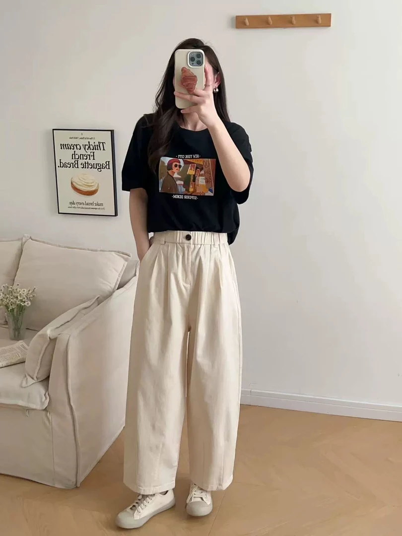 松紧腰一粒扣宽松阔腿裤休闲显瘦哈伦裤女2025秋季百搭韩系九分