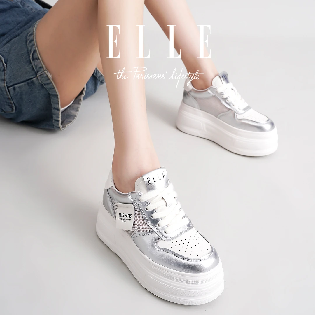ELLE真皮轻便厚底小白鞋女2025新款透气旅游鞋小个子增高休闲板鞋