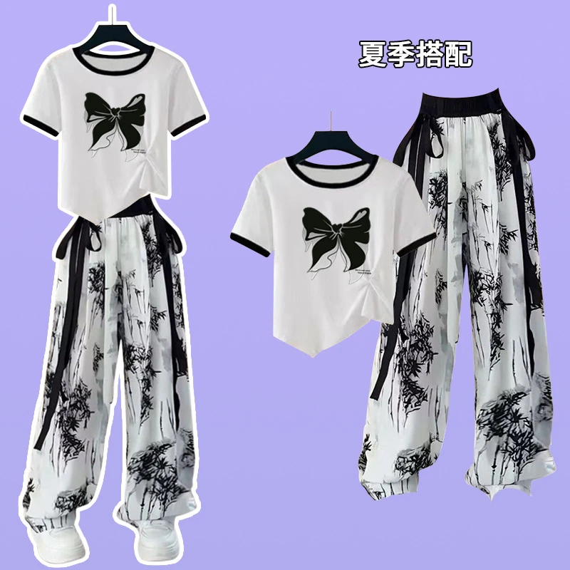 女童短袖t恤夏季2025新款儿童中大童潮酷女童女童休闲服国风套装