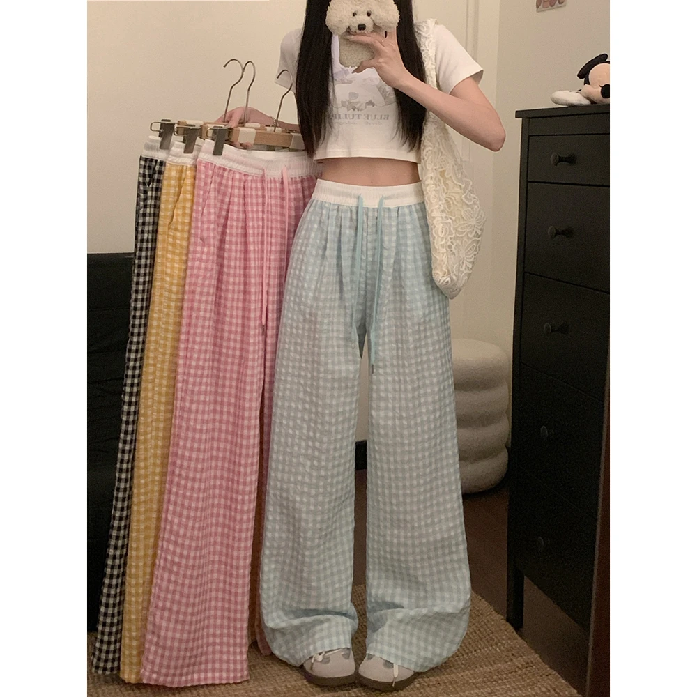 【鱼白专属】【运补6-10】2025夏季松紧腰抽绳多巴胺格子阔腿长裤