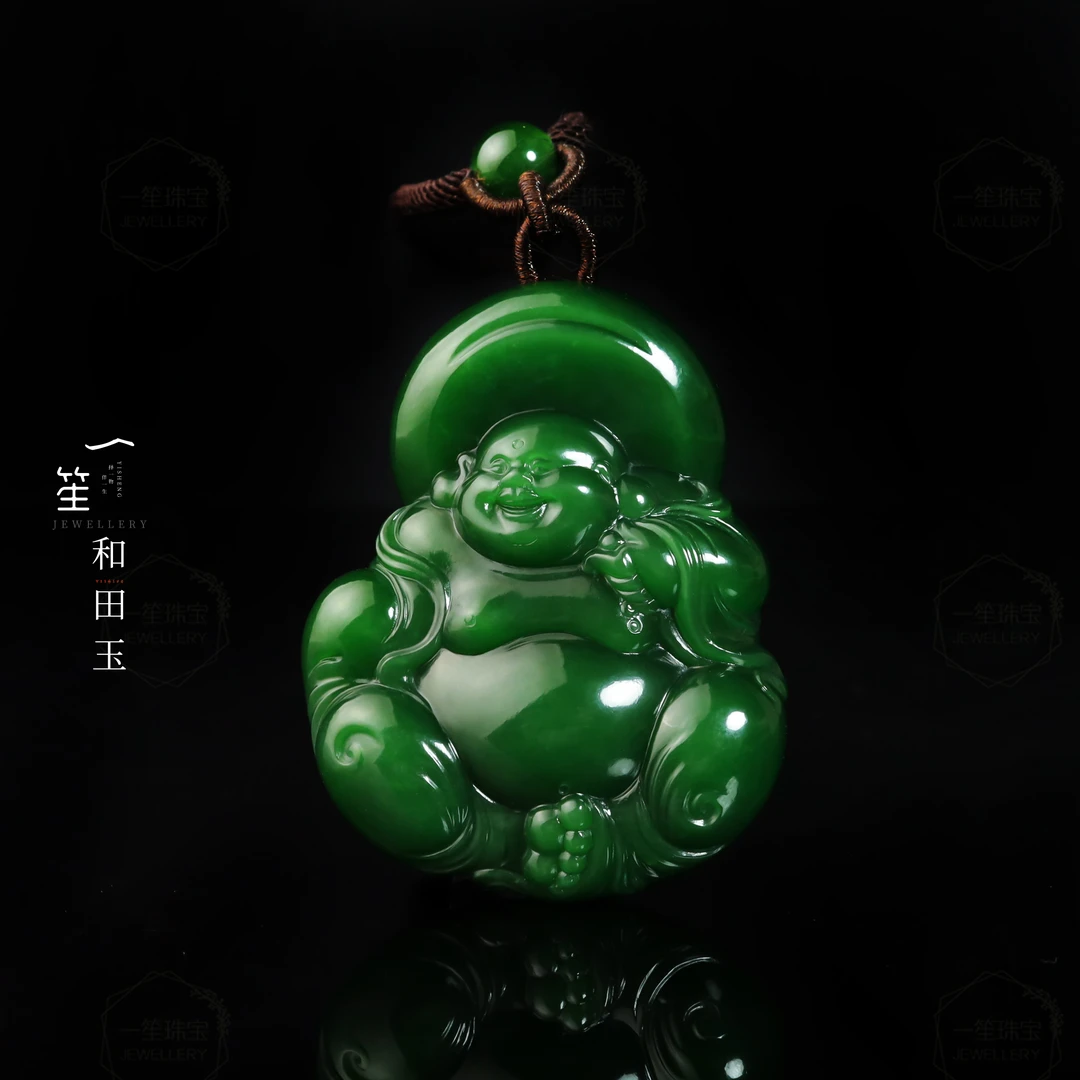 【一笙珠宝】收藏级和田玉碧玉辣绿逍遥佛吊坠 YS21261