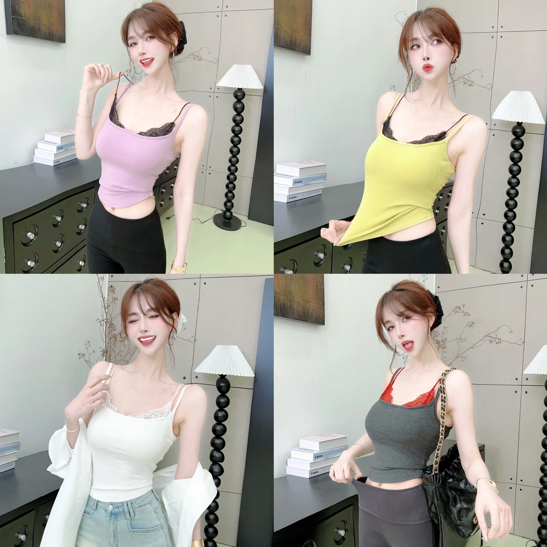 《巧克少女》夏季通勤自带杯垫假两件蕾丝百搭性感吊带背心#8571