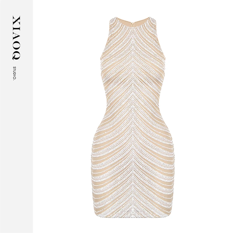 XIAOQ「鎏金线语」立体无袖亮片修身收腰通勤宴会辣妹战裙78259