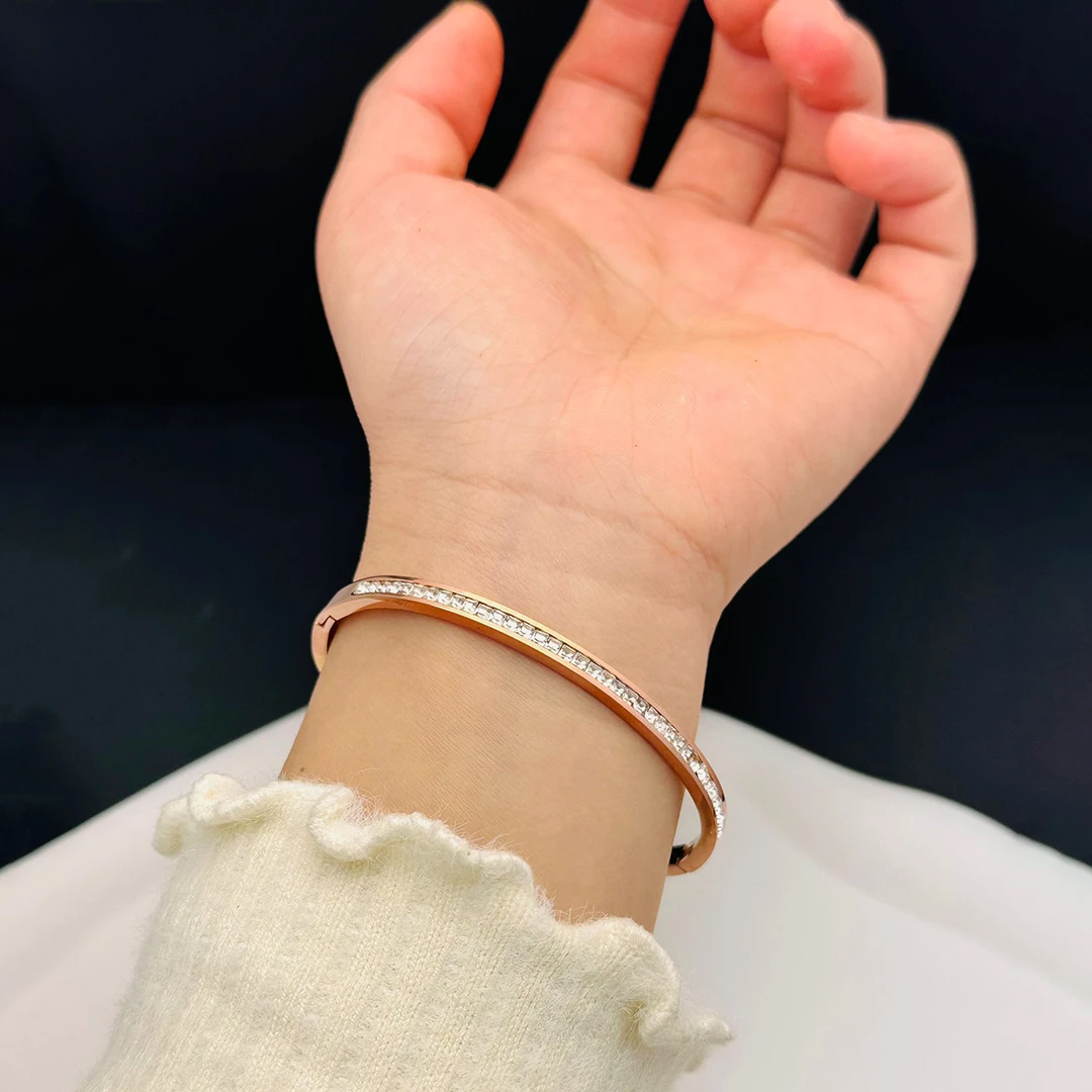 925银合成锆石手镯 B3183【奈花】满钻无爪镶气质精美玫瑰金色手镯