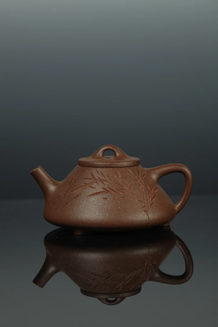 國観堂.正宗紫子冶石瓢刻绘竹子牛盖紫泥天青半手工紫砂壶茶壶