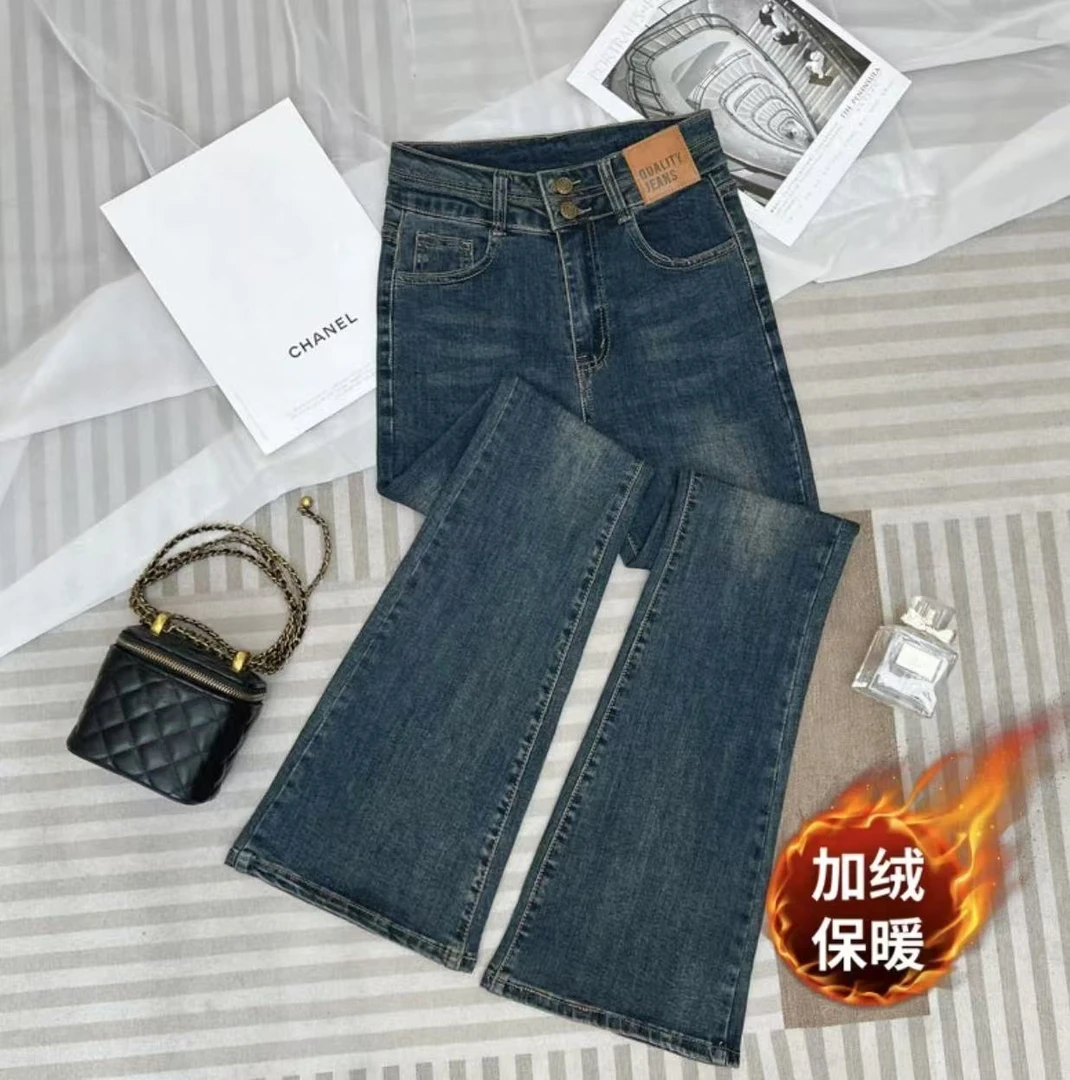 复古蓝双排扣微喇叭牛仔裤女2024年冬新款高腰裤加绒加厚女款