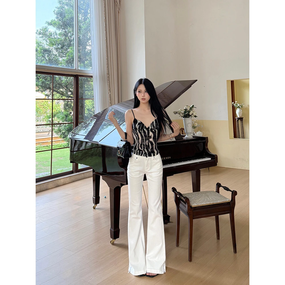 春夏新款白色微喇中低腰设计感辣妹时尚修身显瘦女牛仔裤子99535