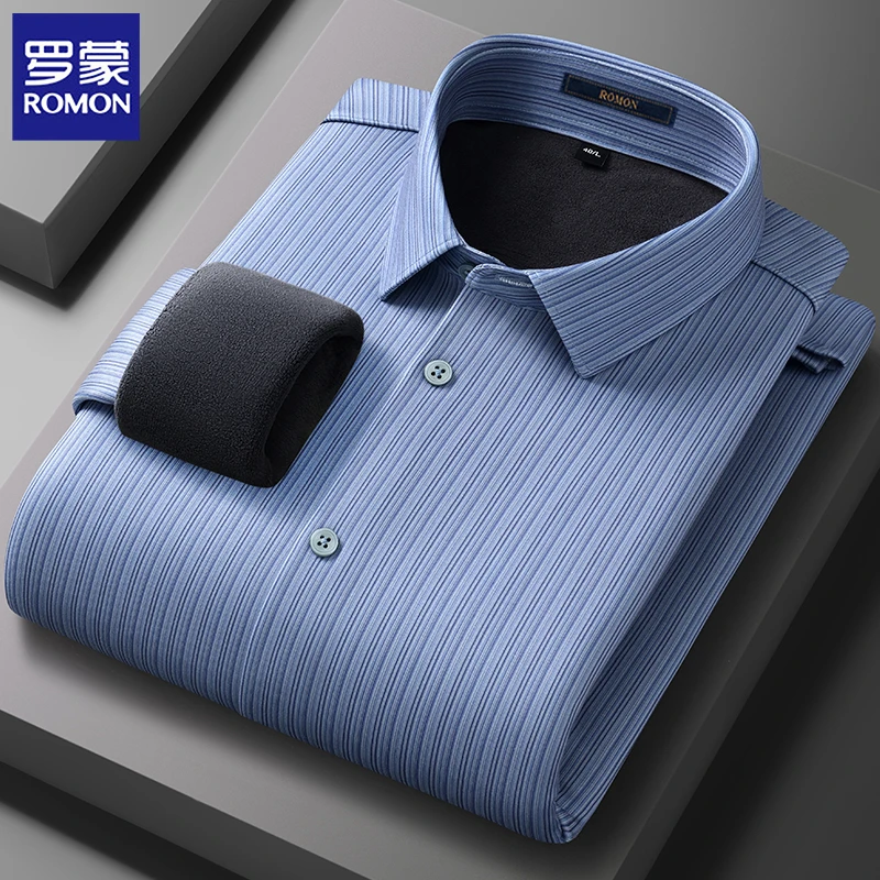 罗蒙男士加绒加厚保暖衬衫冬季商务休闲高级感莫代尔条纹长袖衬衣