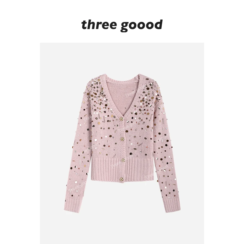 THREE GOOOD/三吉 粉纱碎金亮片缀饰V领针织小开衫外套Y725Z17109