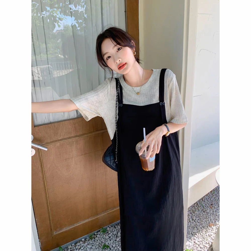 2025夏季上新高级感假两件显瘦拼接背带长款遮肉气质连衣裙女