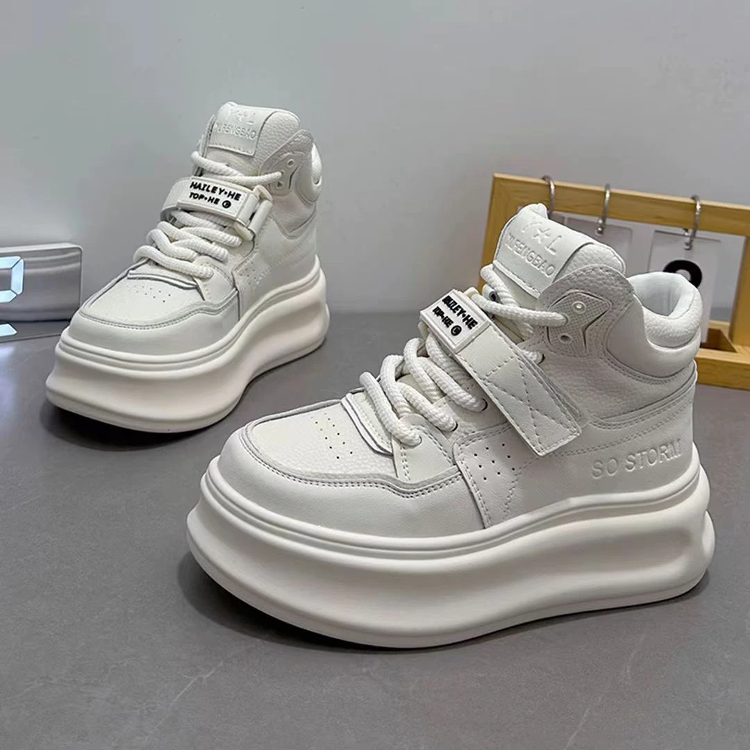 万达撤柜头层牛皮高帮小白鞋女2025秋季显瘦棉鞋厚底运动休闲板鞋