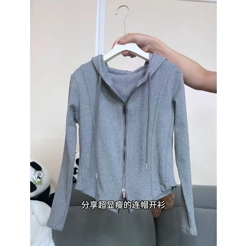 大码200斤日系小众简约纯色双拉链连帽卫衣女春季显瘦修身长袖t恤