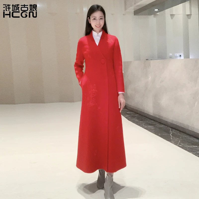 浒城古娘中式国风刺绣大气高贵优雅时尚女秋影山水大衣-21D11118