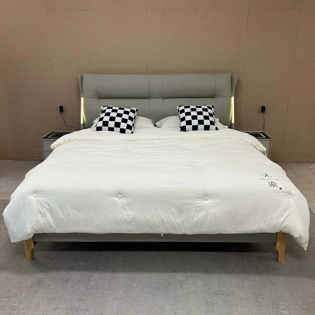 【牛哥严选】S001-简约头层真皮主卧轻奢橡胶木床板新款皮艺床框架
