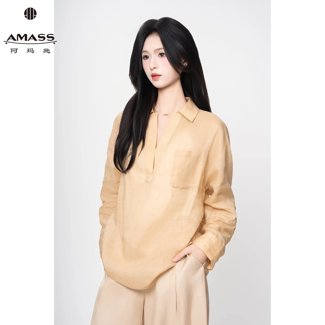 AMASS/阿玛施春夏新款时尚简约休闲长袖廓形舒适苎麻衬衫女530074
