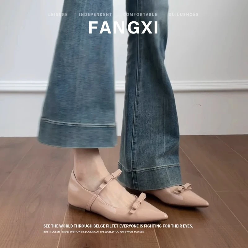 2025年新款裸色蝴蝶结尖头平底单鞋女浅口内增高一字带玛丽珍鞋子