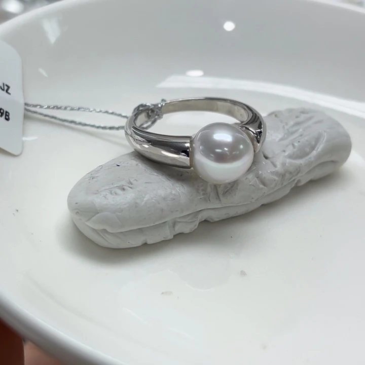 银S925镶嵌戒指海水珍珠8-9mm72号