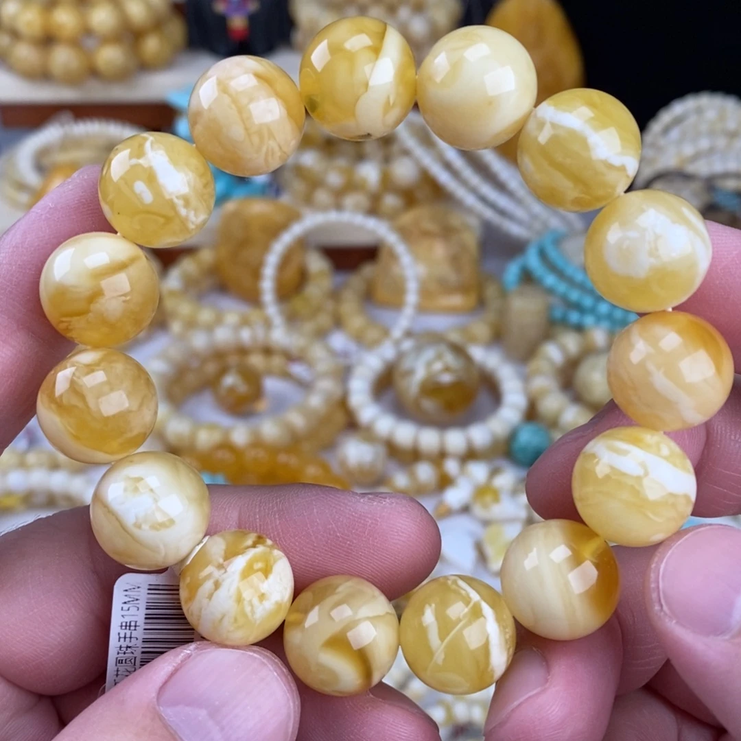 蜜蜡未镶嵌手链金瓷白妖花15mm圆珠