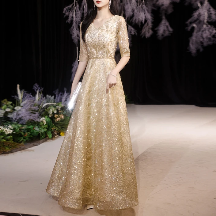 金色小晚礼服裙女宴会星空年会主持人大合唱团演出服爱国红歌礼服