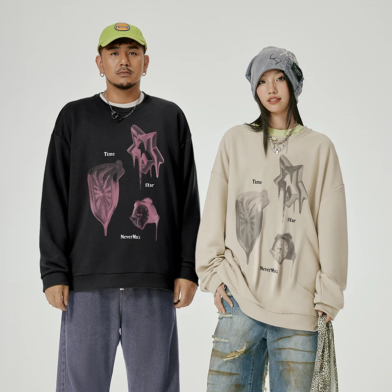 NMAX大码潮牌男装25年秋季潮流烫画印花针织圆领长袖卫衣FNA038