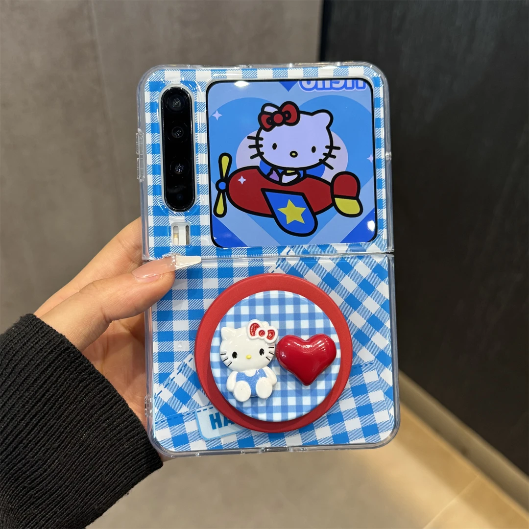 适用华为purax折叠屏手机壳拼接格纹pocket2小熊kt猫爱心磁吸支架