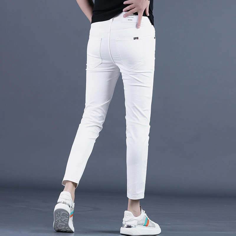 2025新款夏季薄款白色九分牛仔裤男修身小脚休闲韩版男士9分裤子