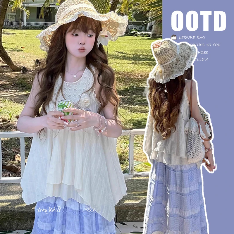 孕妇装套装夏季新品甜美重工立体花朵无袖背心上衣+蛋糕半身裙子