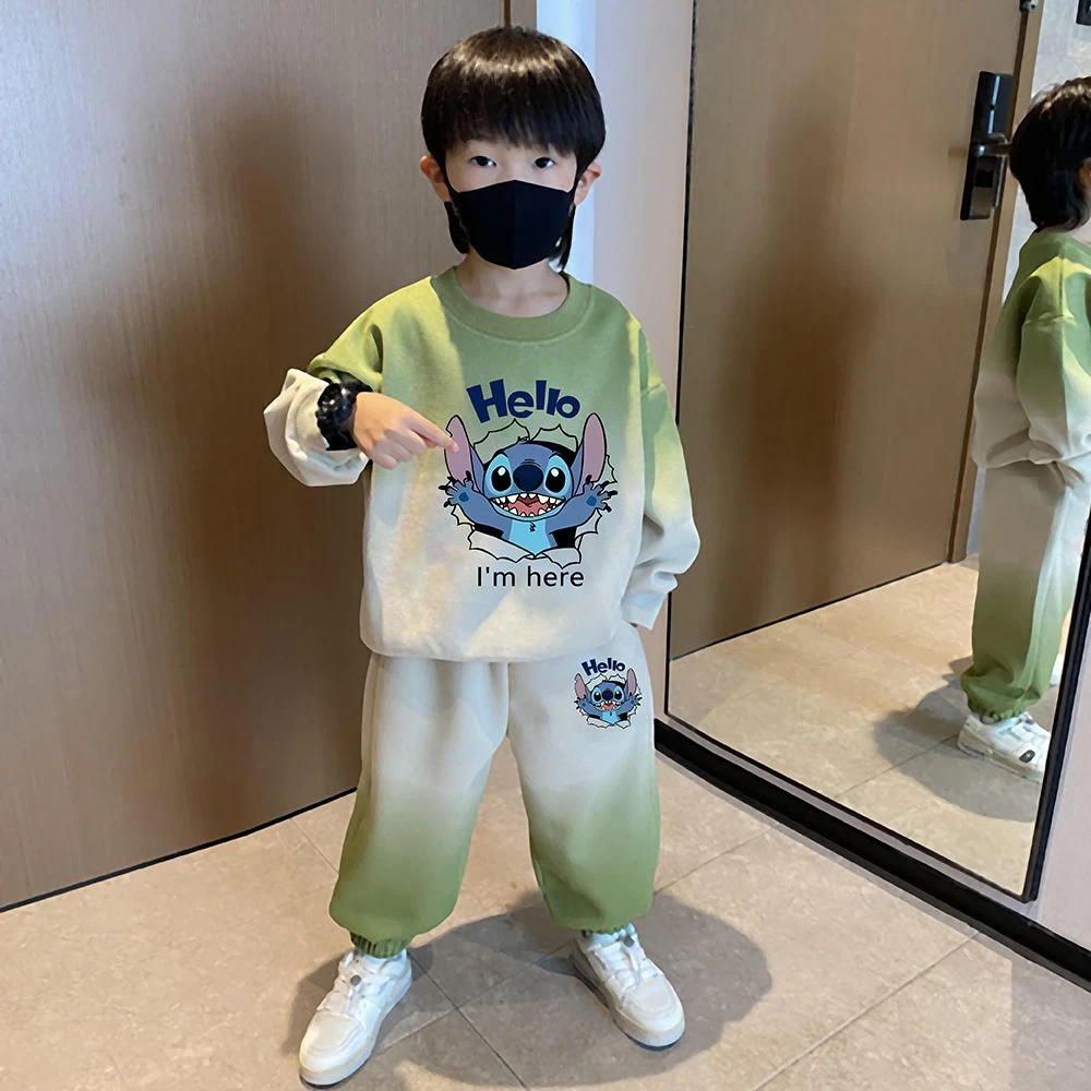 男童中小童渐变撞色休闲套装时髦帅气春秋薄款卡通印花儿童两件套