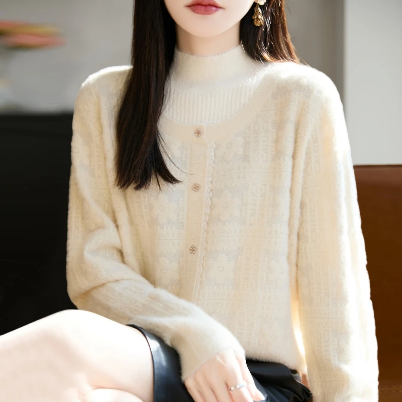 大码假两件提花针织打底衫女秋冬2025新款遮肚子宽松洋气上衣毛衣