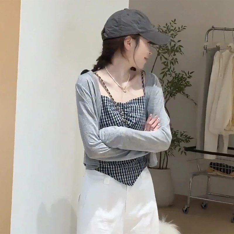 大码胖mm韩系减龄格子吊带套装女夏季新款防晒开衫背心上衣两件套