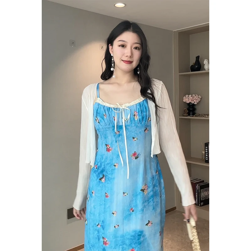 法式温柔风吊带裙女夏针织开衫雪纺印花复古度假风显瘦气质连衣裙