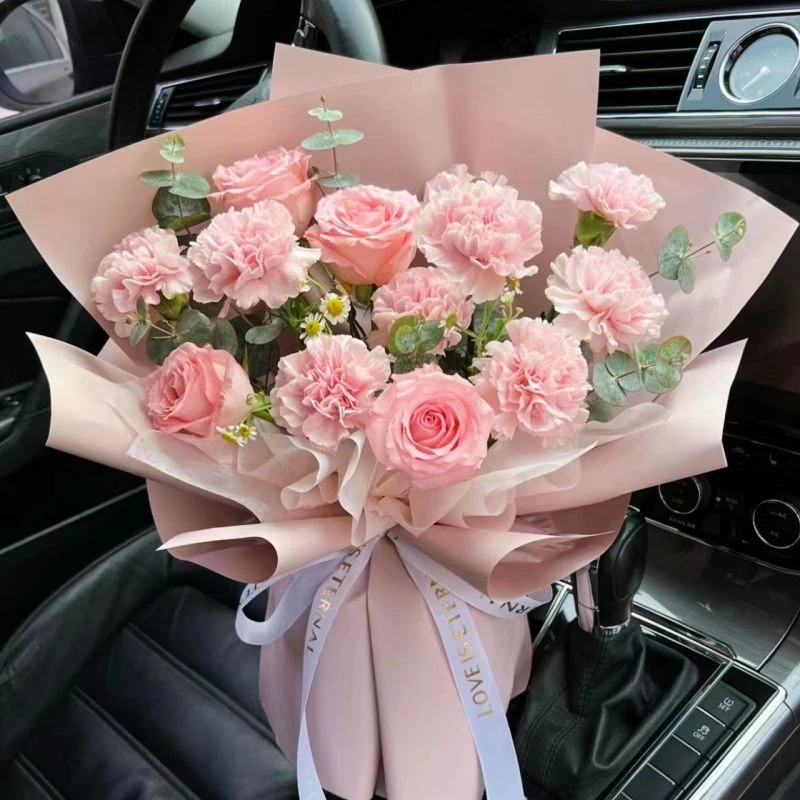 『时光慢点』9朵粉色康乃馨+4朵粉玫瑰混搭花束生日礼物约会送妈妈送长辈送领导鲜花配送