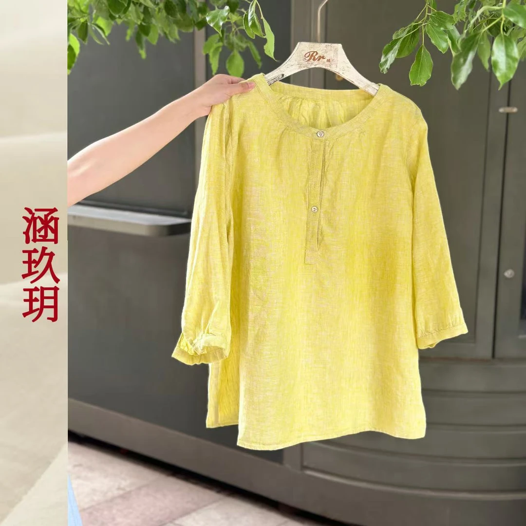 涵玖玥▪100%色织黄金纱雨露麻【小飞燕】圆领捏褶上衣鲤-D2567
