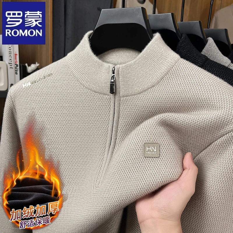 【加绒加厚】罗蒙纯色半拉链立领长袖毛衣秋冬季爸爸装简约针织衫男