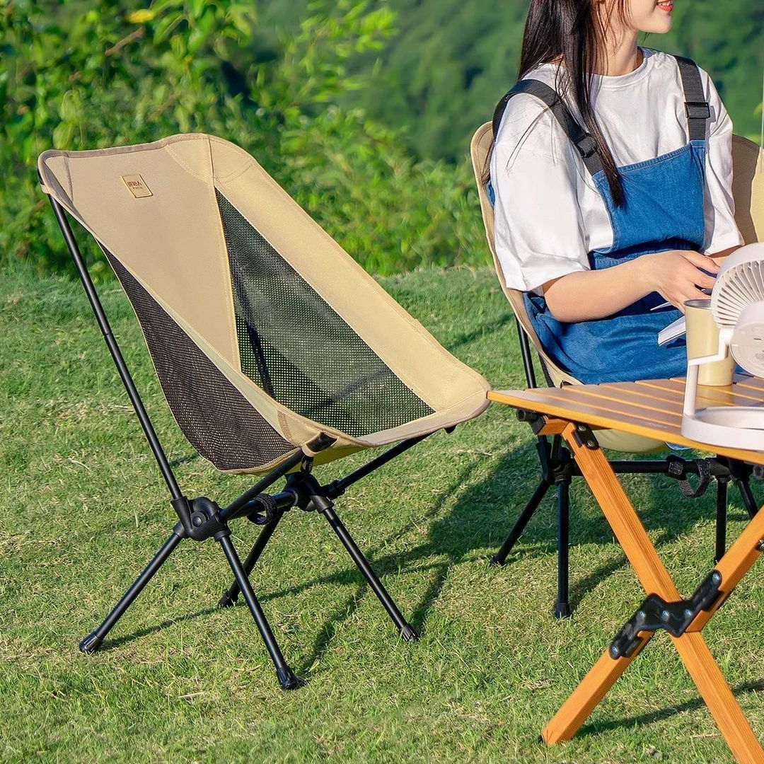 原始人远山月亮椅钢露营户外折叠椅便携野餐桌椅钓鱼凳沙滩椅躺椅